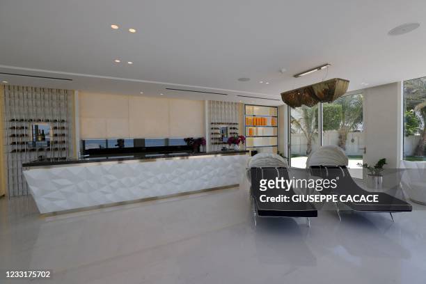 This picture shows the bar of a luxury villa for sale on one of the Palm Jumeirah man-made island, on the coast of the Gulf emirate of Dubai, on May...