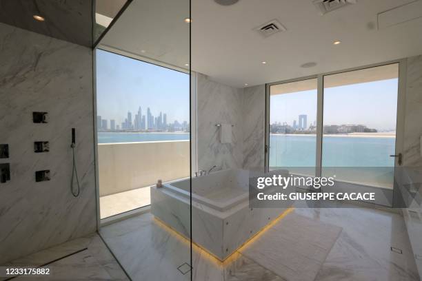 This picture shows one of the bathrooms of a luxury villa for sale on one of the Palm Jumeirah man-made island, on the coast of the Gulf emirate of...