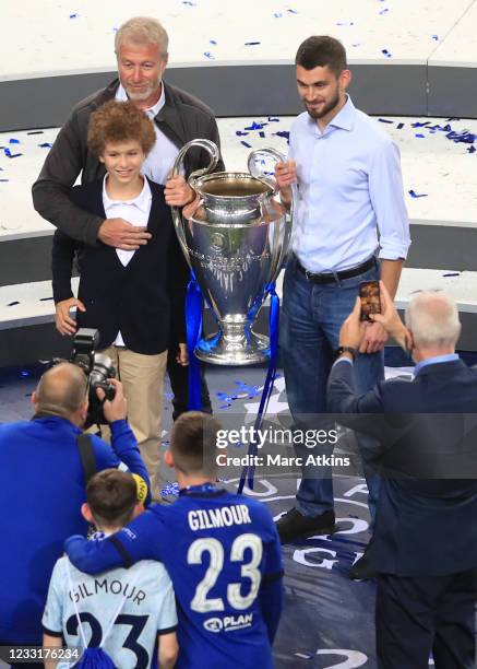 Roman Abramovich, Owner of Chelsea with Sons Aaron Alexander Abramovich and Arkadiy Abramovich celebrate with the UEFA Champions League Trophy...