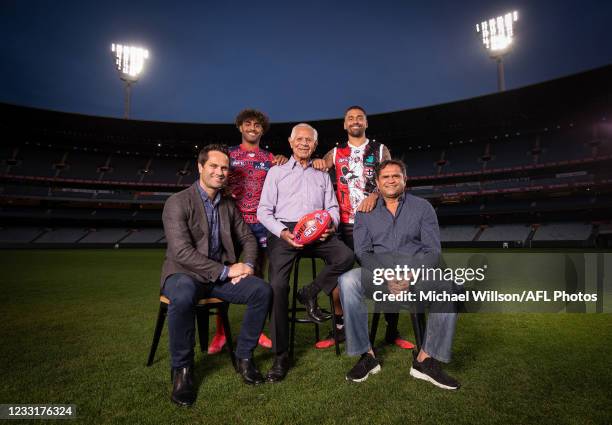 Gavin Wanganeen, Kysaiah Pickett, Syd Jackson, Bradley Hill and Nicky Winmar pose for a photograph during the 2021 Indigenous Round Media Opportunity...