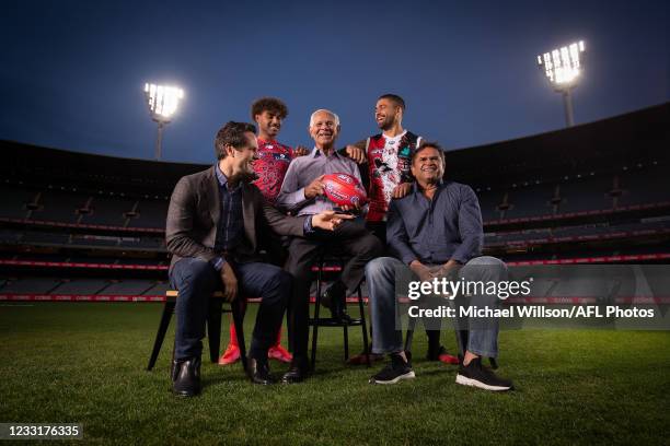 Gavin Wanganeen, Kysaiah Pickett, Syd Jackson, Bradley Hill and Nicky Winmar pose for a photograph during the 2021 Indigenous Round Media Opportunity...