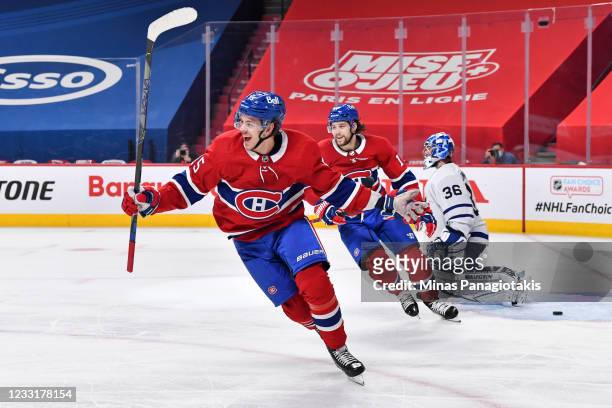 Jesperi Kotkaniemi of the Montreal Canadiens celebrates his goal during overtime against the Toronto Maple Leafs in Game Six of the First Round of...