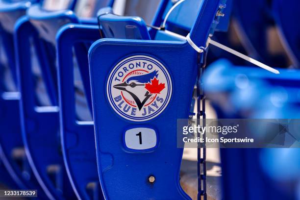 Detail view of the Toronto Blue Jays logo seen on stadium seating during the MLB game against the Tampa Bay Rays on May 24, 2021 at TD Ballpark in...