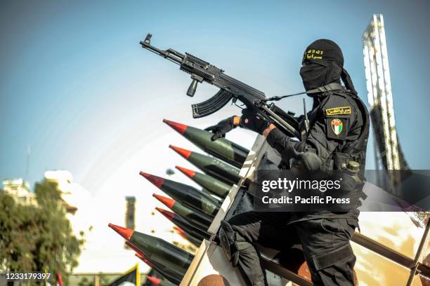 Fighters with the Saraya al-Quds Brigades, the armed wing of the Palestinian Islamic Jihad movement, in the streets of Gaza City during rally, more...