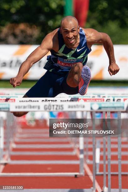 Damian Warner of Canada takes part in the men's 110 metres hurdles competition during the 46th Hypo Athletics Meeting, in Gotzis, Austria on May 30,...