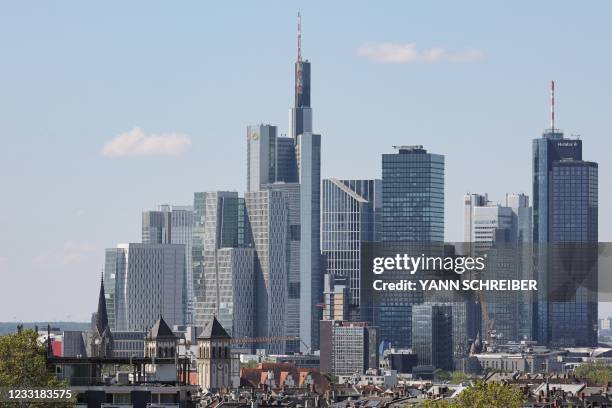 The high-rise buildings of the banking district rising on the skyline of the city Frankfurt am Main are pictured from a church tower in Frankfurt am...