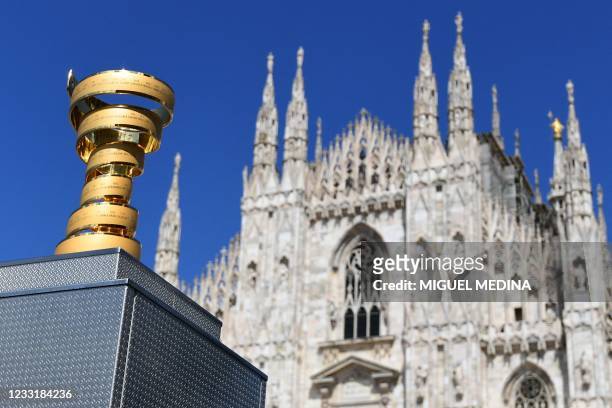 The race's winner Trofeo Senza Fine is pictured on against the cathedral on Piazza Duomo in Milan during the 21st and last stage of the Giro d'Italia...