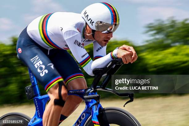 Team Ineos rider Italy's Filippo Ganna rides during the 21st and last stage of the Giro d'Italia 2021 cycling race, a 30.3km individual time trial...