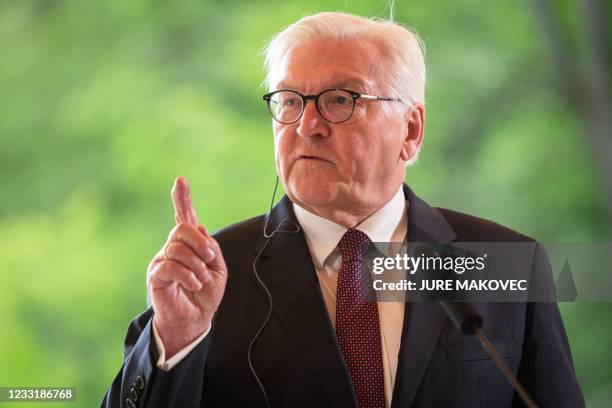 Germany's President Frank-Walter Steinmeier gestures during a press conference after a meeting between Presidents of Slovenia, Portugal and Germany...