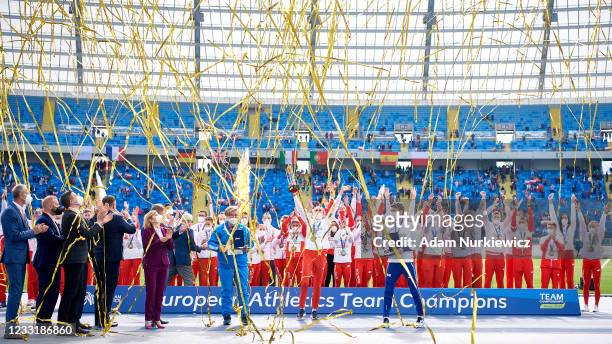 Kamila Licwinko, high jumper and captain of the Polish team, holds the European Athletics Trophy at Silesian Stadium on May 30, 2021 in Chorzow,...