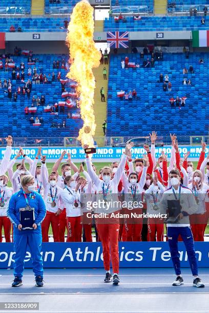 Kamila Licwinko, high jumper and captain of the Polish team, holds the European Athletics Trophy at Silesian Stadium on May 30, 2021 in Chorzow,...