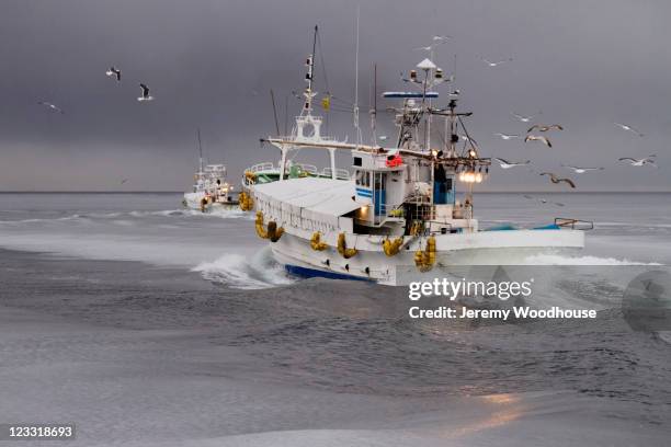 fishing boat traveling in winter ocean - trawler stockfoto's en -beelden