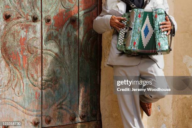 hispanic man playing accordion - accordeon instrument stockfoto's en -beelden