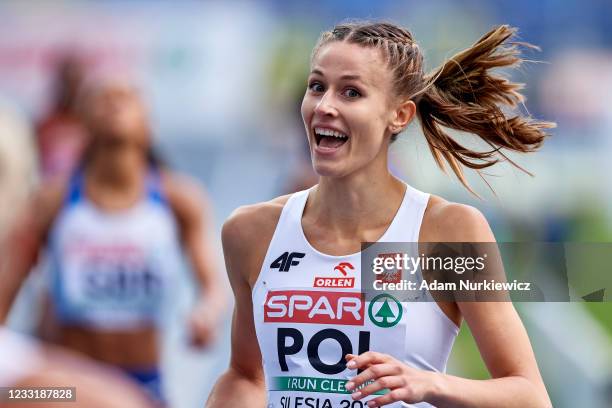 Natalia Kaczmarek from Poland celebrates victory in Women's Relay 4 x 400 meters Final during the European Athletics Team Championships at Silesian...