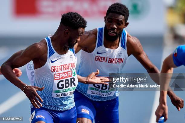 Michael Ohioze and Rabah Yousif from Great Britain miss the baton in the Men's Relay 4 x 400 meters during the European Athletics Team Championships...