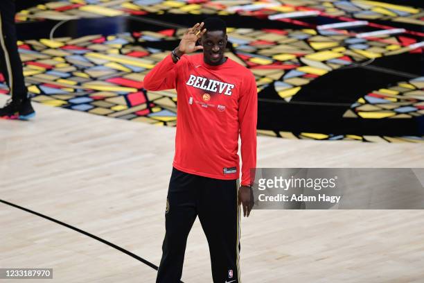 Tony Snell of the Atlanta Hawks smiles prior to a game against the New York Knicks during Round 1, Game 4 of the 2021 NBA Playoffs on May 30, 2021 at...