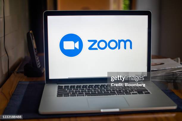The Zoom Video Communications Inc. Logo on a laptop computer arranged in Dobbs Ferry, New York, U.S., on Saturday, May 29, 2021. Zoom Video...