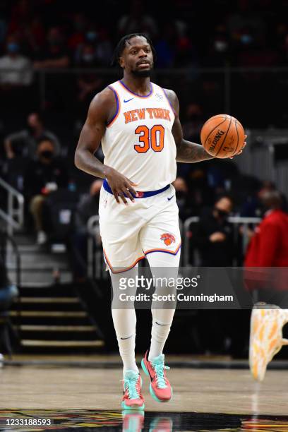 Julius Randle of the New York Knicks dribbles the ball against the Atlanta Hawks during Round 1, Game 4 of the 2021 NBA Playoffs on May 30, 2021 at...
