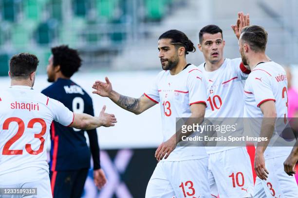 Ricardo Rodríguez of Switzerland celebrating his goal with his teammates during the international friendly match between Switzerland and United...