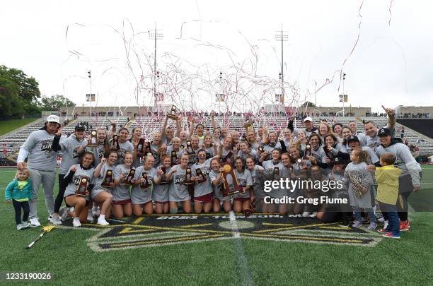 The Boston College Eagles celebrate after winning the Division I Women's Lacrosse Championship 16-10 against the Syracuse Orange held at Johnny...