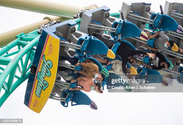 Buena Park, CA Park-goers ride the HangTime roller coaster during the re-opening day at Knott's Berry Farm to the full public and celebrate the 100th...