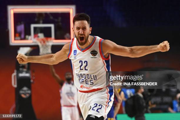 Anadolu Efes Istanbul's Vasilije Micic celebrates after his team won the Basketball Euroleague Final Four championship final match between FC...