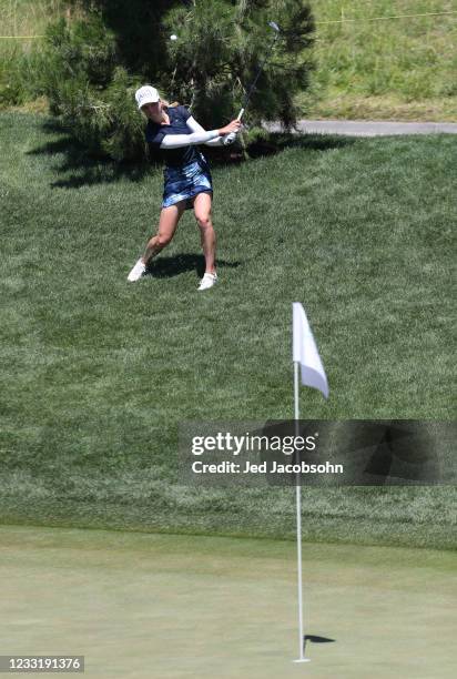 Sophia Popov of Germany tees off on the 10th hole during the semi-final round of the Bank of Hope Match-Play at Shadow Creek on May 30, 2021 in Las...