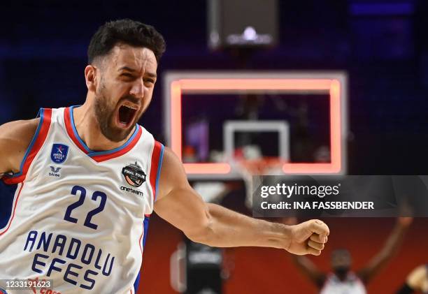 Anadolu Efes Istanbul's Vasilije Micic celebrates after his team won the Basketball Euroleague Final Four championship final match between FC...