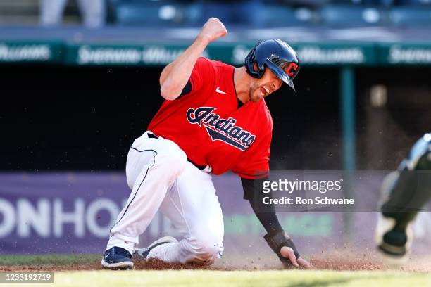 Bradley Zimmer of the Cleveland Indians scores the game winning run on a sacrifice fly by Jose Ramirez off Anthony Castro of the Toronto Blue Jays in...