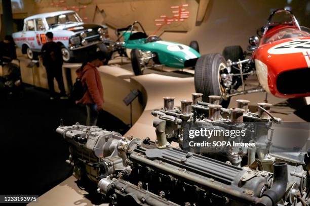 Internal combustion engine seen during the exhibition. The biopic exhibition tells the story of the Moskvich brand, the most popular Soviet...