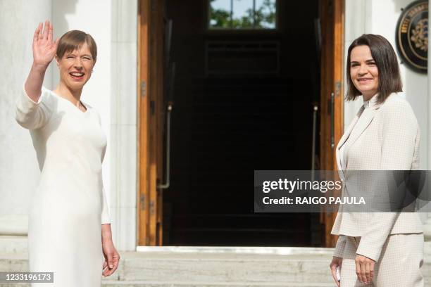 Belarus opposition leader Svetlana Tikhanovskaya is welcomed by Estonia's President Kersti Kaljulaid on May 31, 2021 in Tallinn.