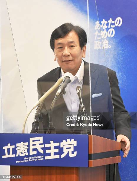 Yukio Edano, head of the main opposition Constitutional Democratic Party of Japan, attends a press conference at the parliament building in Tokyo on...