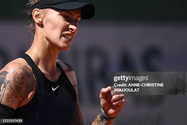 Slovenia's Polona Hercog reacts during her women's singles first round tennis match against Netherlands' Kiki Bertens on Day 2 of The Roland Garros...