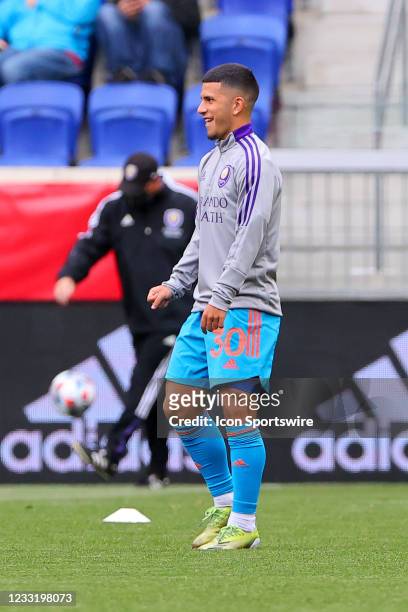 Orlando City FC midfielder David Loera warms up prior to the Major League Soccer game between the New York Red Bulls and Orlando City FC on May...