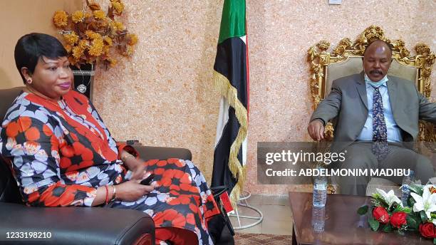 International Criminal Court chief prosecutor Fatou Bensouda meets with the governor of Sudan's state of South Darfur Mousa Mahdi in the state...