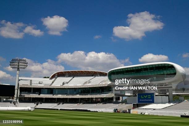 The new redeveloped stand is pictured behind the media centre at Lord's Cricket Ground in London on May 31, 2021 ahead of the first Test match...