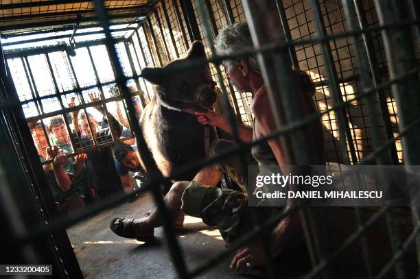 Baloo, a one-year and four-month-old bear, is comforted by his owner, Molnar Mircea, in a cage on July 30, 2009 shortly after being taken away from...