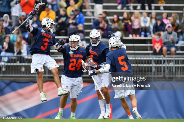 Virginia Cavaliers players Ian Laviano , Payton Cormier , Connor Shellenberger , and Matt Moore celebrate Cormier's goal against the Maryland...