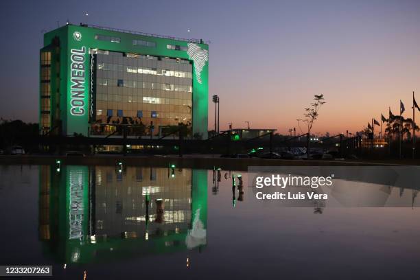 General view of the headquarters of CONMEBOL with green lights in commemoration of the "National Day to Fight Against Sexual Abuse and Exploitation...