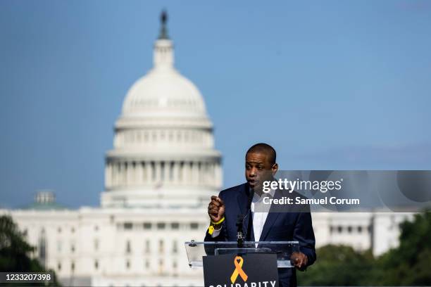 Lt. Gov. Justin Fairfax of Virginia speaks during a rally on the National Mall on May 31, 2021 in Washington, DC. Members and allies of the Asian...