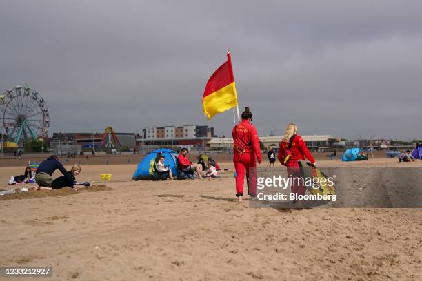 Lifeguards patrol along the beach in Skegness, U.K., on Monday, May 31, 2021. U.K. Health Secretary Matt Hancock said people who want to go on...