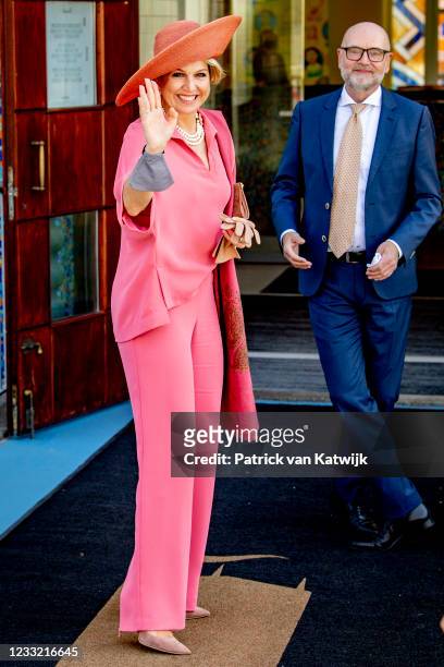 Queen Maxima of The Netherlands opens the first child biennale art event in the Groninger Museum on June 1, 2021 in Groningen, Netherlands. This is...