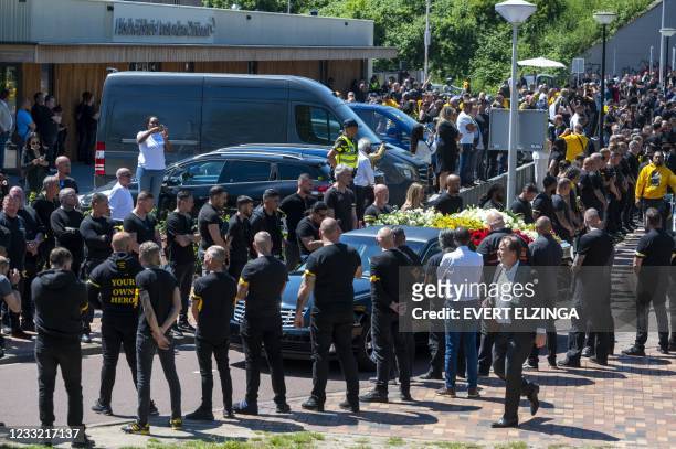 People attend the funeral of former president of motorcycle Satudarah, Etous Belserang, in Amsterdam on June 1, 2021. - Netherlands OUT / Netherlands...