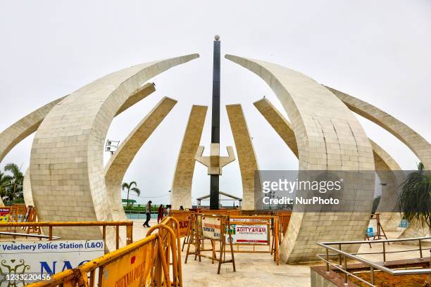 Police barricades before the upcoming election seen at the M.G.R and Jayalalithaa Memorial Complex is a memorial complex built on the Marina beach in...