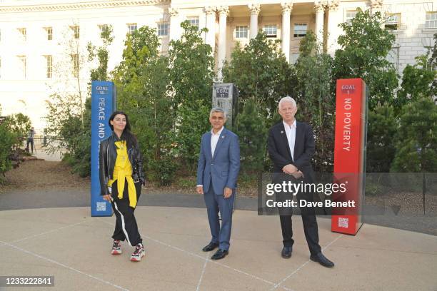 London Design Biennale designer Es Devlin, Mayor of London Sadiq Khan and UN Global Goals advocate Richard Curtis attend the opening of "Forest For...