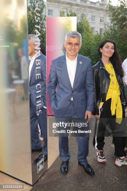 Mayor of London Sadiq Khan and London Design Biennale designer Es Devlin attend the opening of "Forest For Change: The Global Goals Pavilion" at the...