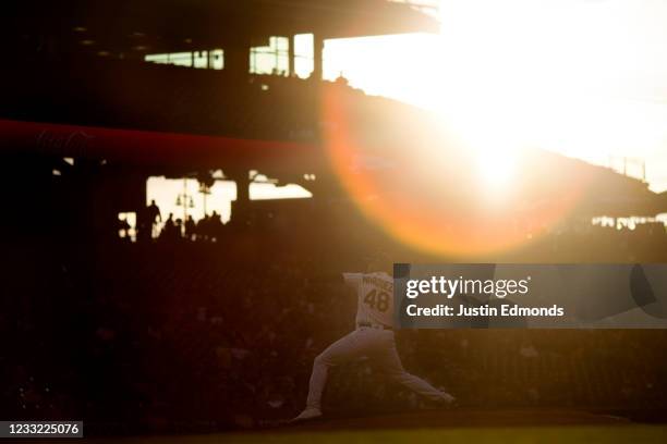 Starting pitcher German Marquez of the Colorado Rockies delivers a pitch during the fourth inning against the Texas Rangers at Coors Field on June 1,...