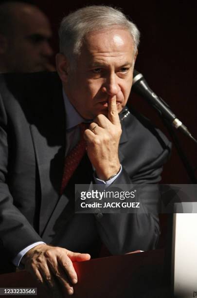 Israeli Likud party leader and former prime minister Benjamin Netanyahu attends a conference in Tel Aviv on February 5, 2009. Netanyahu, widely...