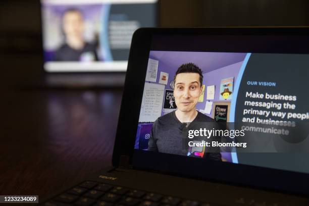 Emile Litvak, vice president of business messaging for Facebook, Inc., speaks during the virtual F8 Developers Conference on a laptop computer in...