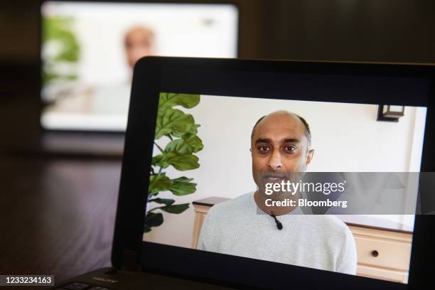 Ajit Varma, head of business products at WhatsApp for Facebook, Inc., speaks during the virtual F8 Developers Conference on a laptop computer in...